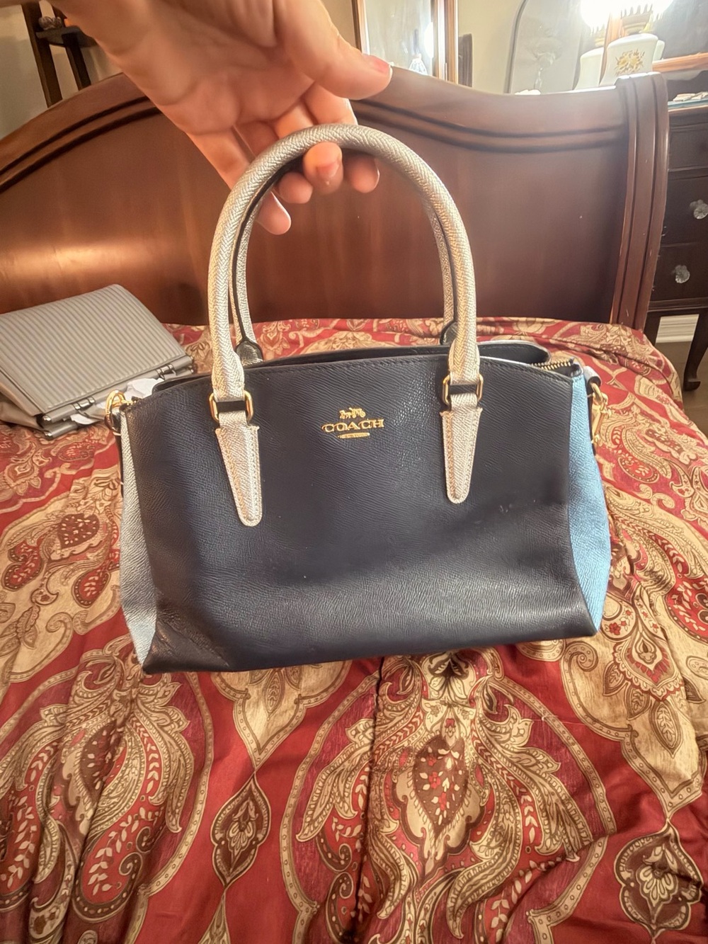 Coach Navy Blue Leather Satchel Metallic Silver Gold Chain Crossbody